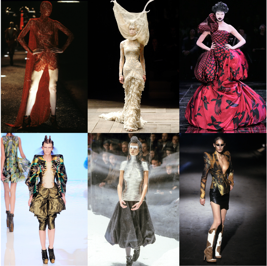 A six-image collage of Alexander McQueen runway looks focused on the body, including spine-like corsetry, sculptural prosthetics, dramatic silhouettes, exposed torsos, and models styled with armor-like or anatomical garments. A six-image collage of Alexander McQueen runway looks focused on the body, including spine-like corsetry, sculptural prosthetics, dramatic silhouettes, exposed torsos, and models styled with armor-like or anatomical garments.