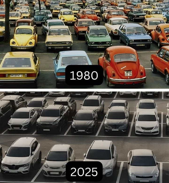 A comparison of parked cars: colorful, older models in 1980 on top, and modern, mostly gray cars in 2025 on the bottom.