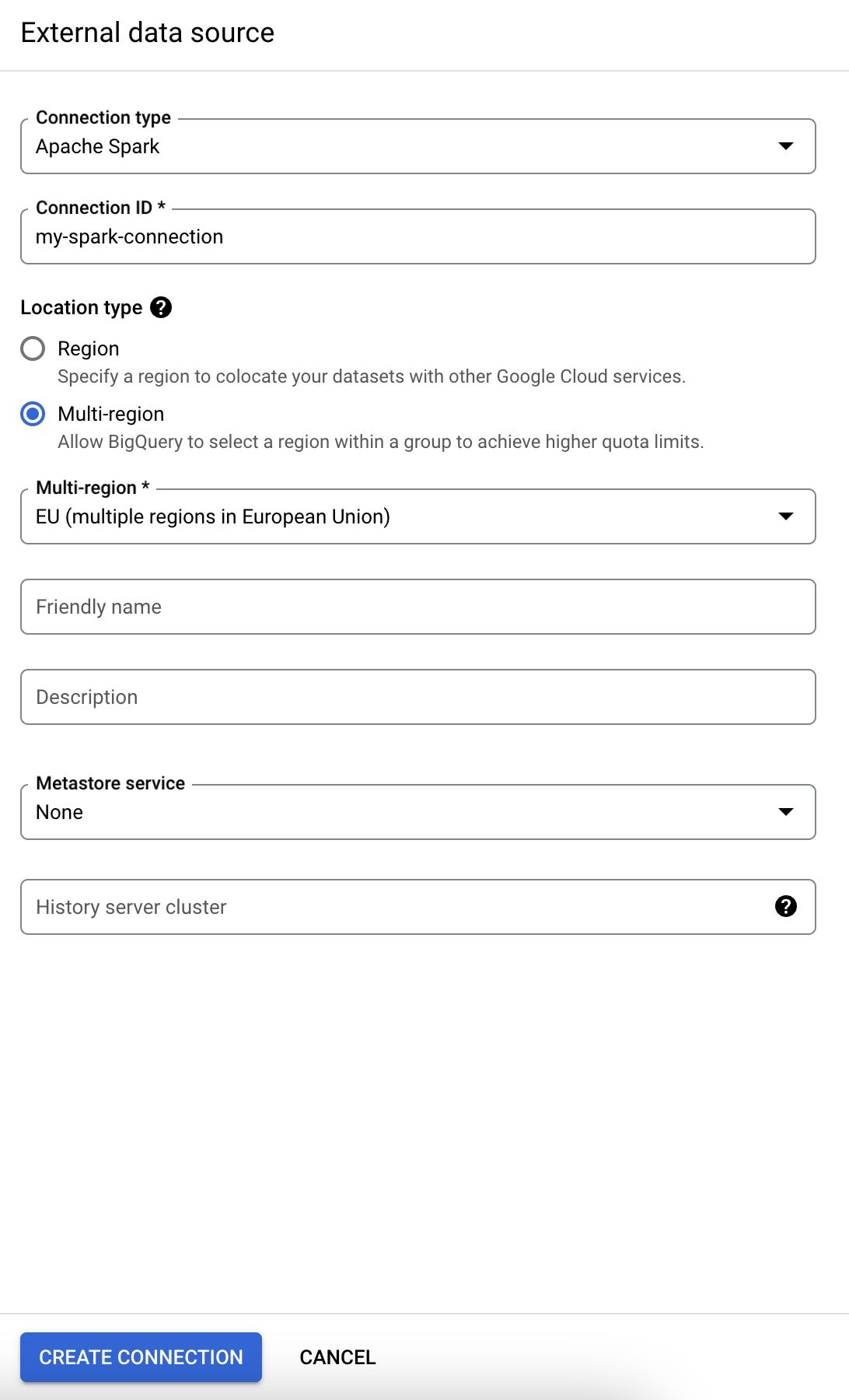 Creating Spark connection