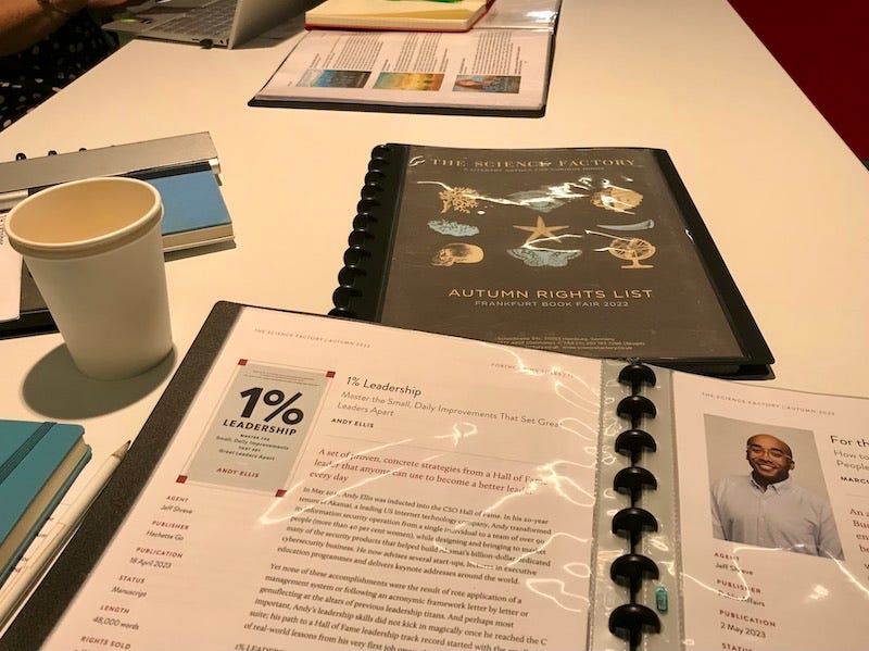 Table with book rights catalogs and coffee