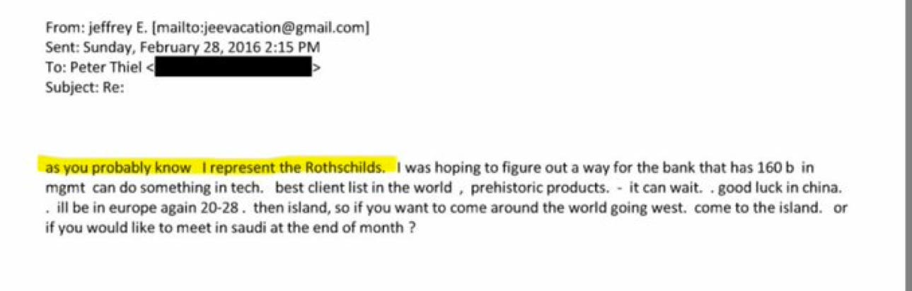 Epstein told Peter Thiel the part the media always pretended wasn’t real: ‘I represent the Rothschilds.’ This wasn’t a financier speaking. It was an asset identifying his handler. Epstein told Peter Thiel the part the media always pretended wasn’t real: ‘I represent the Rothschilds.’ This wasn’t a financier speaking. It was an asset identifying his handler.