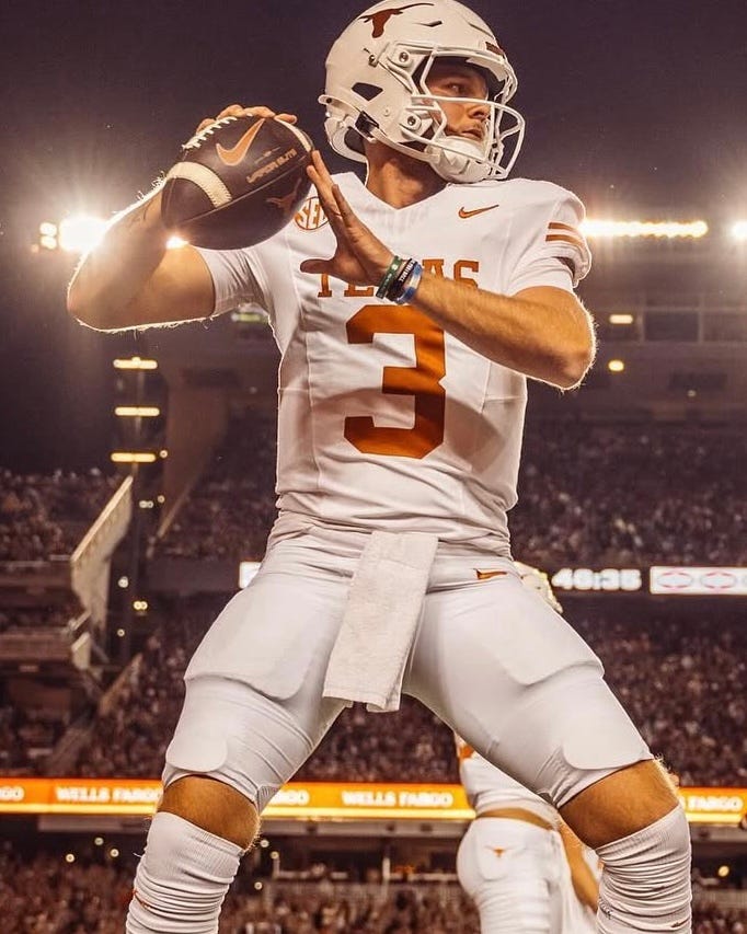 Sam Ehlinger Texas Quarterback with horns Up Hand Sign