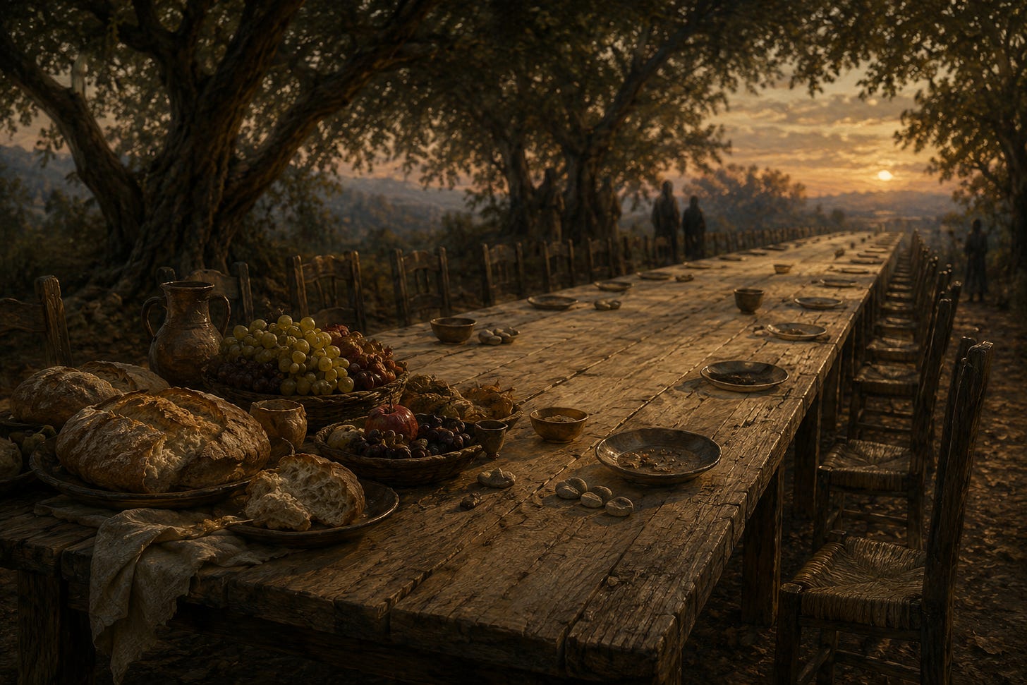 A long wooden table beneath old trees at dusk, with bread and fruit gathered near one end while many places farther down the table remain sparse and quiet, suggesting greed, scarcity, and the loss of trust.