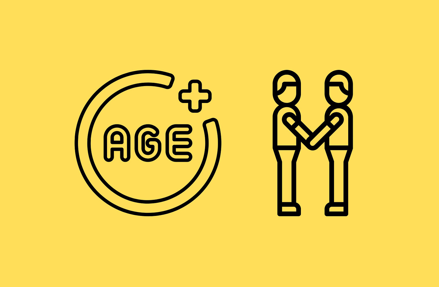 On the left a circular graphic with a plus sign and the word AGE in the center and on the right a graphic of two people facing each other holding hands.