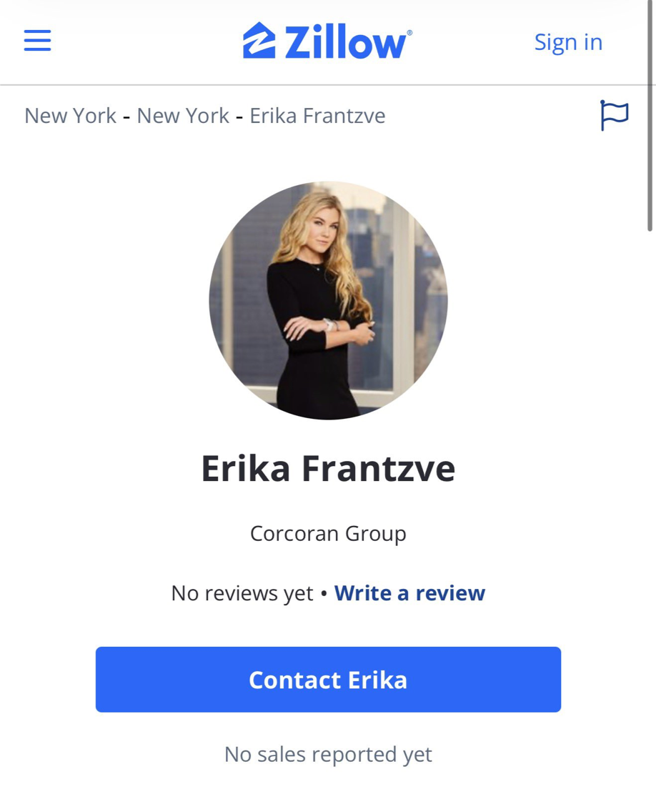 Erika Frantzve’s Zillow/Corcoran agent profile, confirming her employment inside a real-estate company tied—through documented ownership structures—to Rothschild leadership and Epstein-linked property transactions.