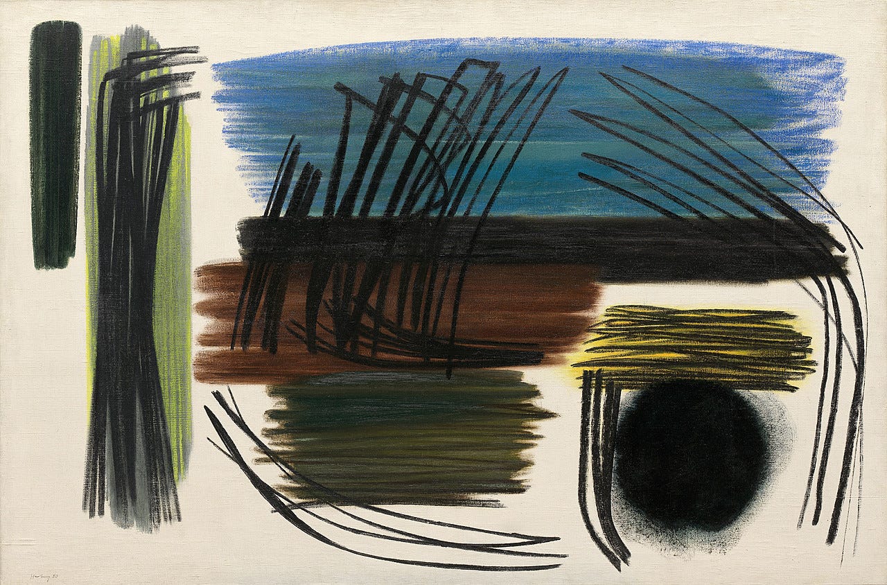 Hans Hartung, T-50 Painting 8, 1950. Oil on canvas, 38 1/8 x 57 1/2 inches (96.8 x 146.1 cm)