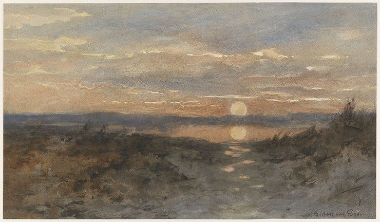 'Landschap met zonsondergang' - aquarel: Marie Bilders-van Bosse (herkomst: coll. Rijksmuseum Amsterdam) 'Landschap met zonsondergang' - aquarel: Marie Bilders-van Bosse (herkomst: coll. Rijksmuseum Amsterdam)