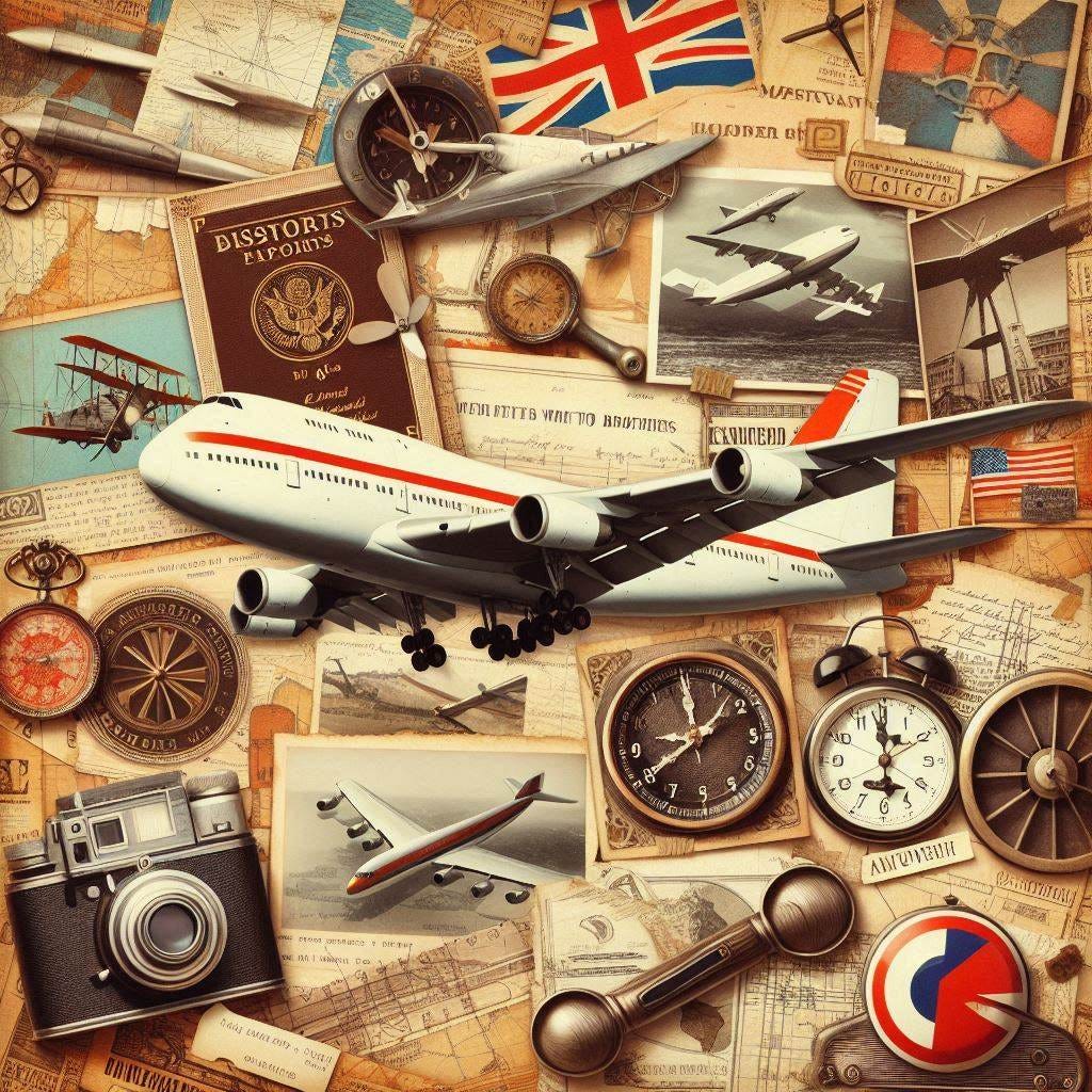 a scrapbook style collage featuring planes: the write brothers and jumbo jets, retro style, 