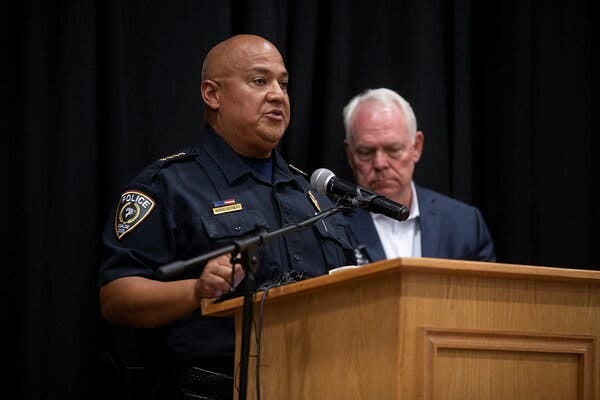 Pete Arredondo, the Uvalde schools police chief, on May 24 after a shooting at Robb Elementary School. He is on administrative leave from the school district police force. Pete Arredondo, the Uvalde schools police chief, on May 24 after a shooting at Robb Elementary School. He is on administrative leave from the school district police force.