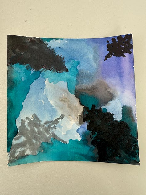 Megan Falley watercolor paintings of flowers, an octopus, a night sky, a jellyfish, her and Andrea walking through the forest, and berries on a branch