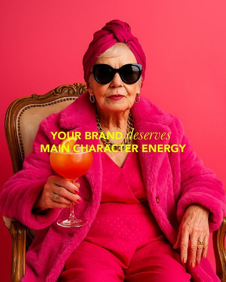 This may contain: an old woman sitting in a chair holding a wine glass with the words your brand is energy main character energy