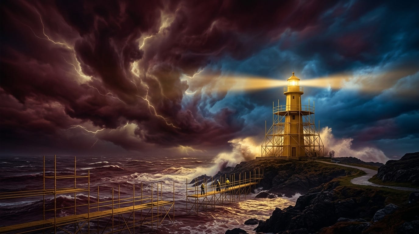 A golden lighthouse is erected on a rocky shore with the tide breaking over the rocks. It is operational but surrounded by golden scaffolding, indicating it is still being built. People are present traversing a golden bridge to the lighthouse. Stormclouds swirl overhead in blues and maroons with golden lightning arcing through the sky. AI generated image by Gemini Nano Banana.