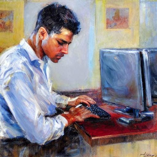 person programming on a computer image generated by Substack AI image generator in painting style