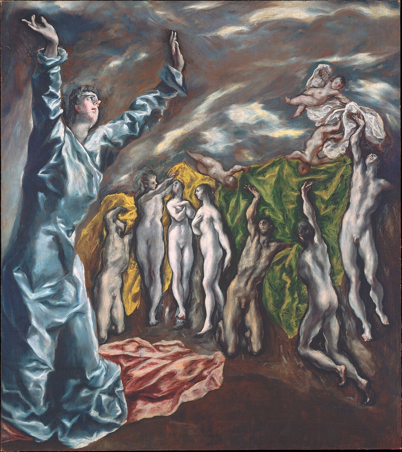 El Greco's The Vision of Saint John, a tall blue-robed saint raising his arms above pale naked figures under a stormy sky El Greco's The Vision of Saint John, a tall blue-robed saint raising his arms above pale naked figures under a stormy sky