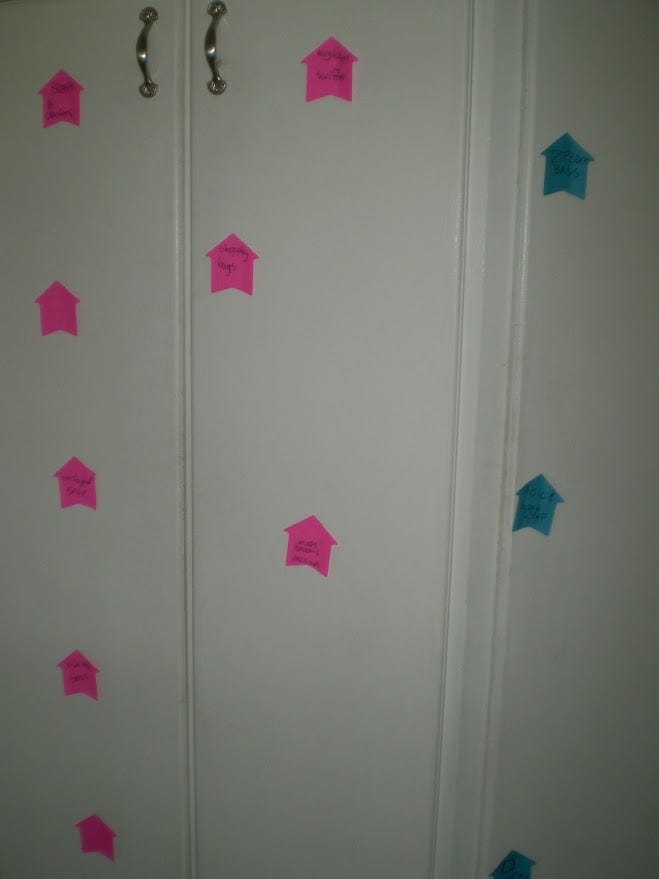 post it notes on white cabinets in kitchen