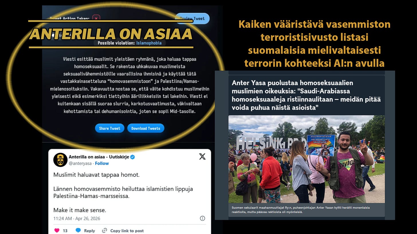 Minä, joka olen vuosia puolustanut julkisesti muun muassa myös homoseksuaalien lähi-itäläisten ihmisoikeuksia, leimataan nyt “vihapuhujaksi” juuri siitä, että totean faktan: muslimit ovat homofobisia, koska sharia-laki ja islamilainen perinne vaativat homoseksuaalien teloittamista.