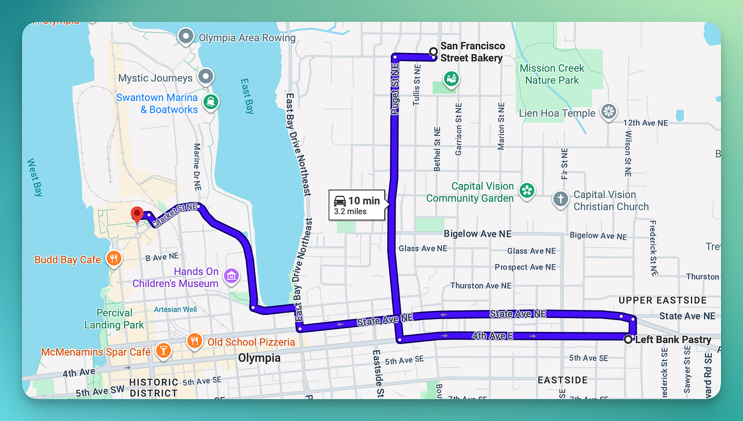 Map showing the ten-minute route to all three places.