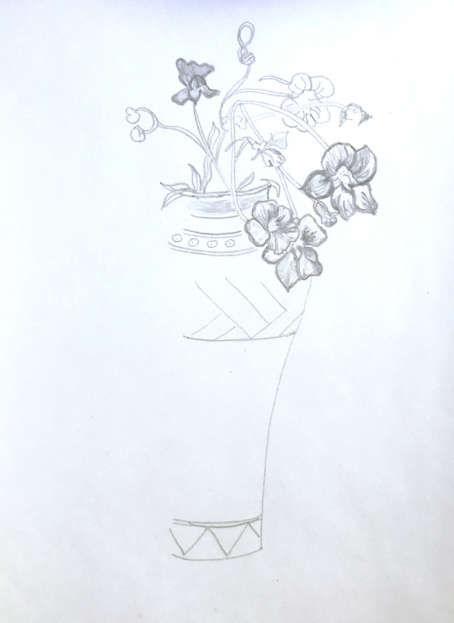 A drawing of snapdragons and nasturtiums in a tall clay vase
