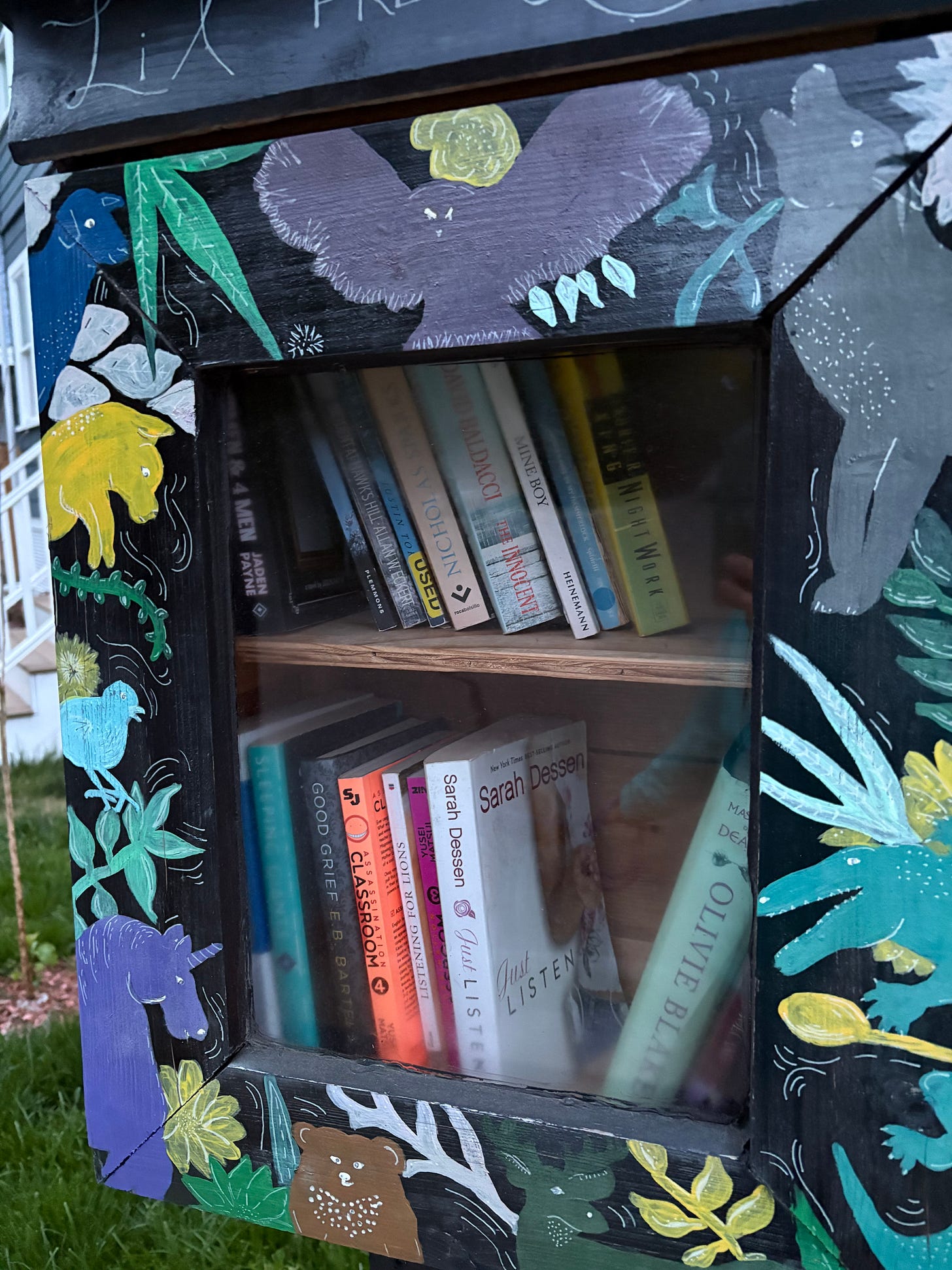 Books in a Little Free Library, hand painted with lots of different animals