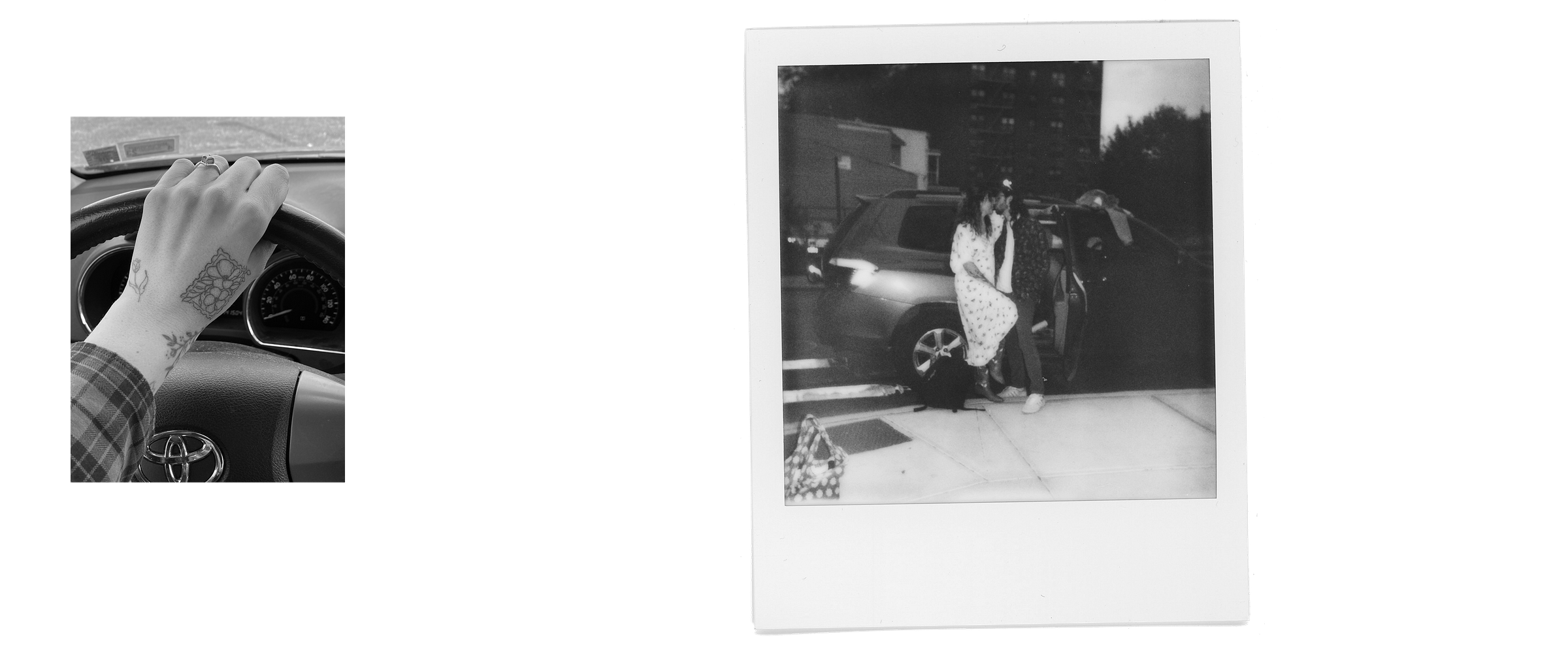 two black and white images. on the left, a hand with a few tattoos rests on the steering wheel of a car. on the right, a polaroid of bridget and tommy in front of the toyota highlander