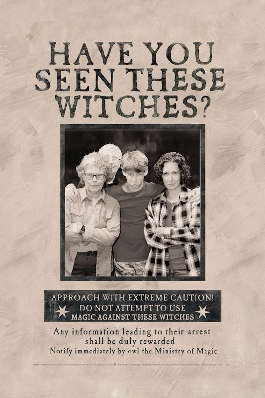 Susan, John, Hudson, and Becky in Wizard Wanted poster at Waner Bros. Studio Tour London
