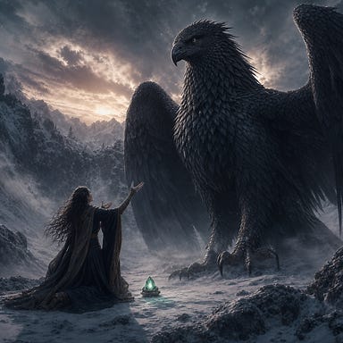 Clarion kneeling in a snow‑capped Barovian crater before Turul the colossal raven‑shaped Roc, her hands lifted as she elaborates her vision, pale green gem glowing beside her, Turul looming with stormlit feathers and obsidian eyes, dusk sky swirling with mist and wind