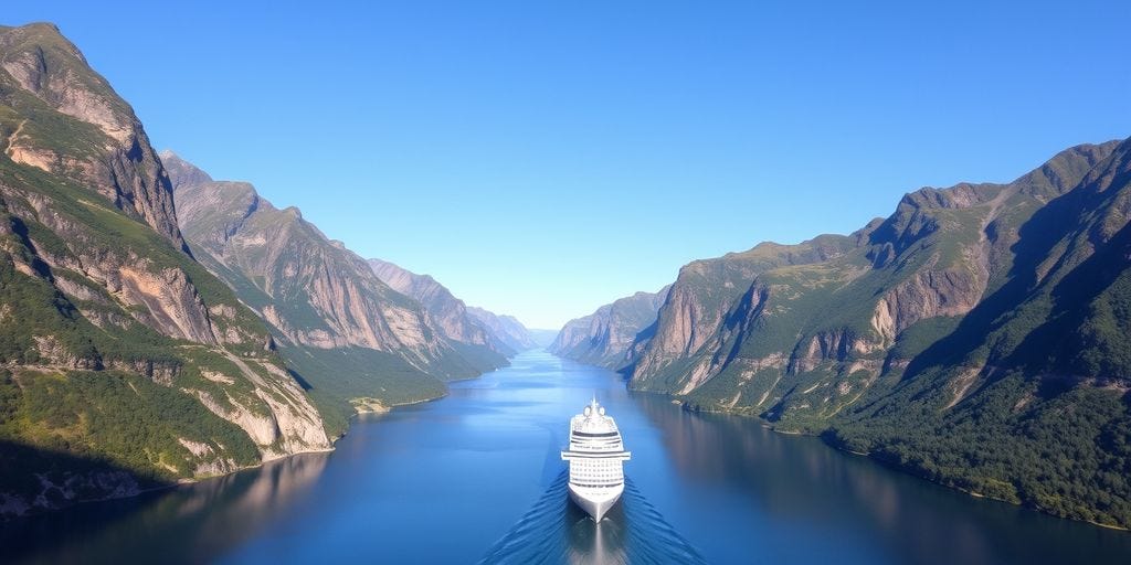 Cruise ship in Norway's fjords with cliffs and greenery
