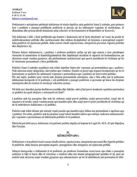 Njoftimi i Sami Lushtakut per Padi ndaj kryeministrit.