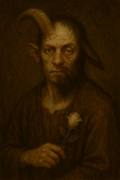 A dark fantasy portrait of Clovin Belview in the Abbey of St. Markovia, depicted in a gentle, non‑disturbing way. He appears as a weary but kind-hearted man with subtly asymmetrical features—one eye slightly larger than the other, and a faint difference in the shape of his cheeks. His expression is soft and melancholy. He has tousled dark hair, a patched wool coat, and a simple scarf. He holds a battered viol close to his chest, fingers resting on the strings with quiet tenderness. The background is warm candlelight reflecting off old stone walls, giving the scene a humble, almost sacred atmosphere.