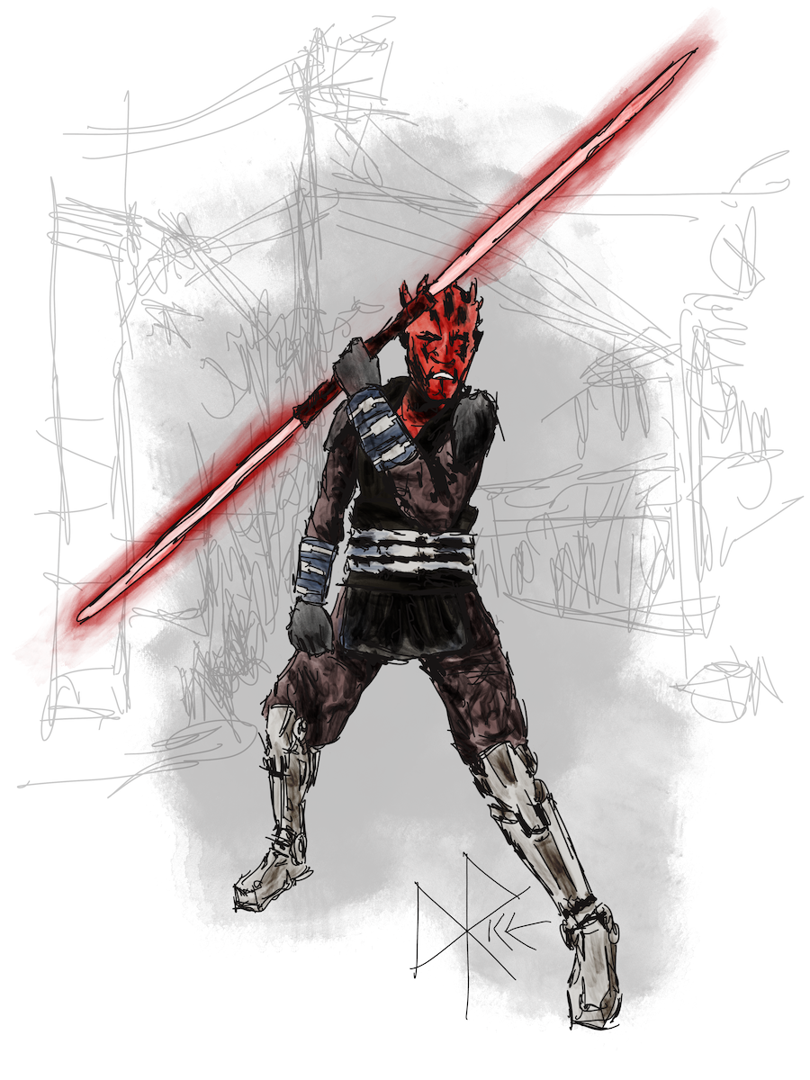Prepared to fight with his double bladed lightsaber held aloft, Maul stands in a street with his robotic legs spread and firmly planted. Sketch art by Don Rice.