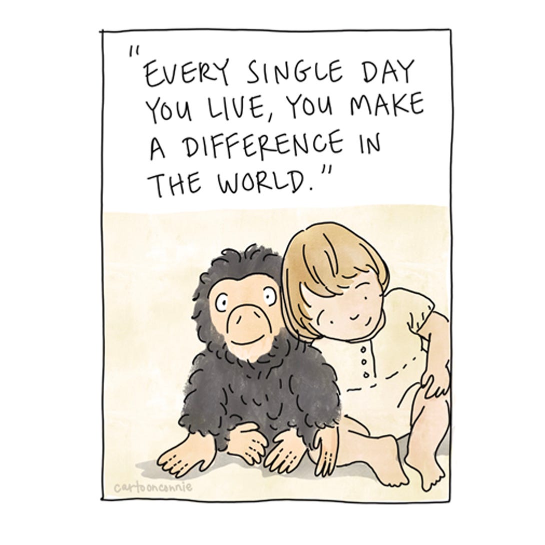 Panel 1 of 4. Illustration of Jane Goodall as a child with a toy chimpanzee named "Jubilee," paired with a quote from her "Famous Last Words" interview. Drawn by Connie Sun, cartoonconnie, 2025.