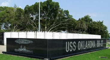 SS Oklahoma memorial, with each plinth representing a member of the crew who died. SS Oklahoma memorial, with each plinth representing a member of the crew who died.