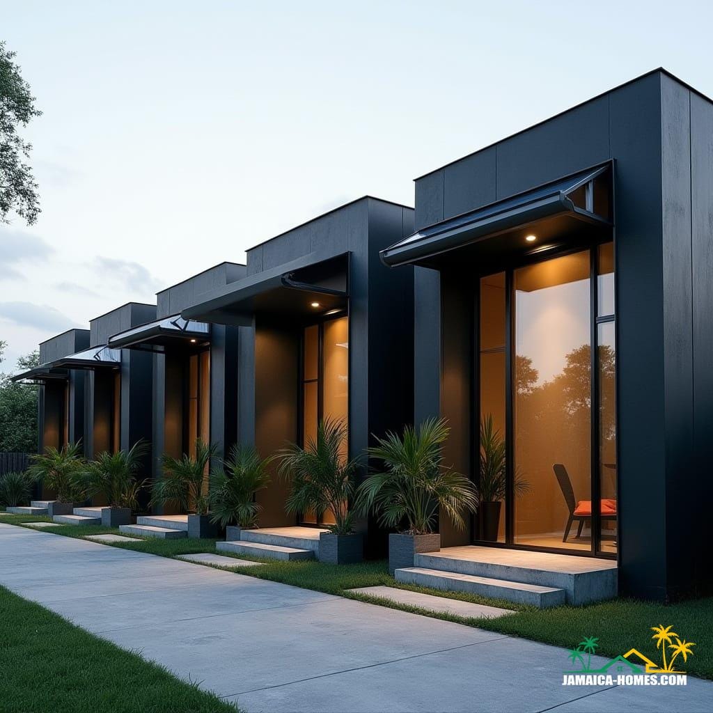 Kingston Black Concrete Terrace Row Design: Row of 4 one-story mini homes joined side by side. Materials: Smooth black concrete façade, large glass panels at front, steel frames. Features: Flat roof with solar panels, narrow vertical strip windows, small private front patios. Environment: Kingston residential street, paved sidewalk, tropical plants in planters. Style Notes: Sleek, modern, minimalist, affordable terrace housing.