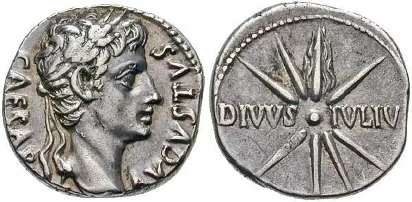 Silver Roman denarius of Augustus, inscribed ‘CAESAR AVGVSTVS DIVI F’ on one side and ‘DIVVS IVLIVS’ beneath a radiant star on the other—declaring Augustus the "Son of the Divine Julius."