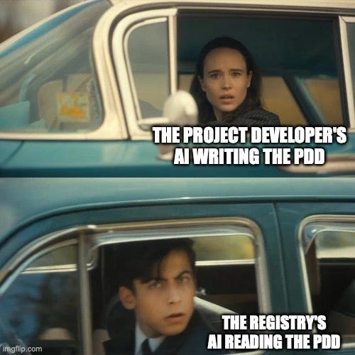 Two stills from The Umbrella Academy of two people in adjacent cars staring at each other, labelled "The project developer's AI writing the PDD" and "The registry's AI reading the PDD."
