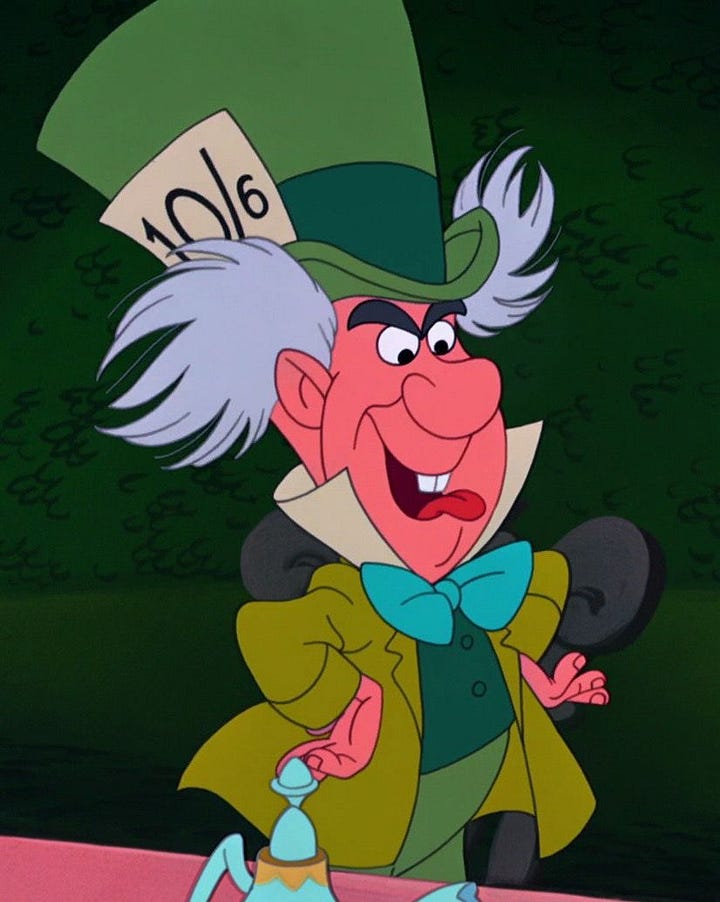 Four images - Alice, Mad Hatter, Cheshire Cat, Caterpillar