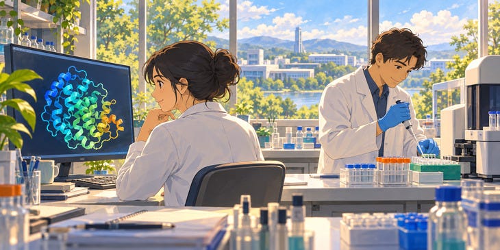 Illustration of scientists working in a biotechnology laboratory, with a protein model on a computer and large windows behind them.