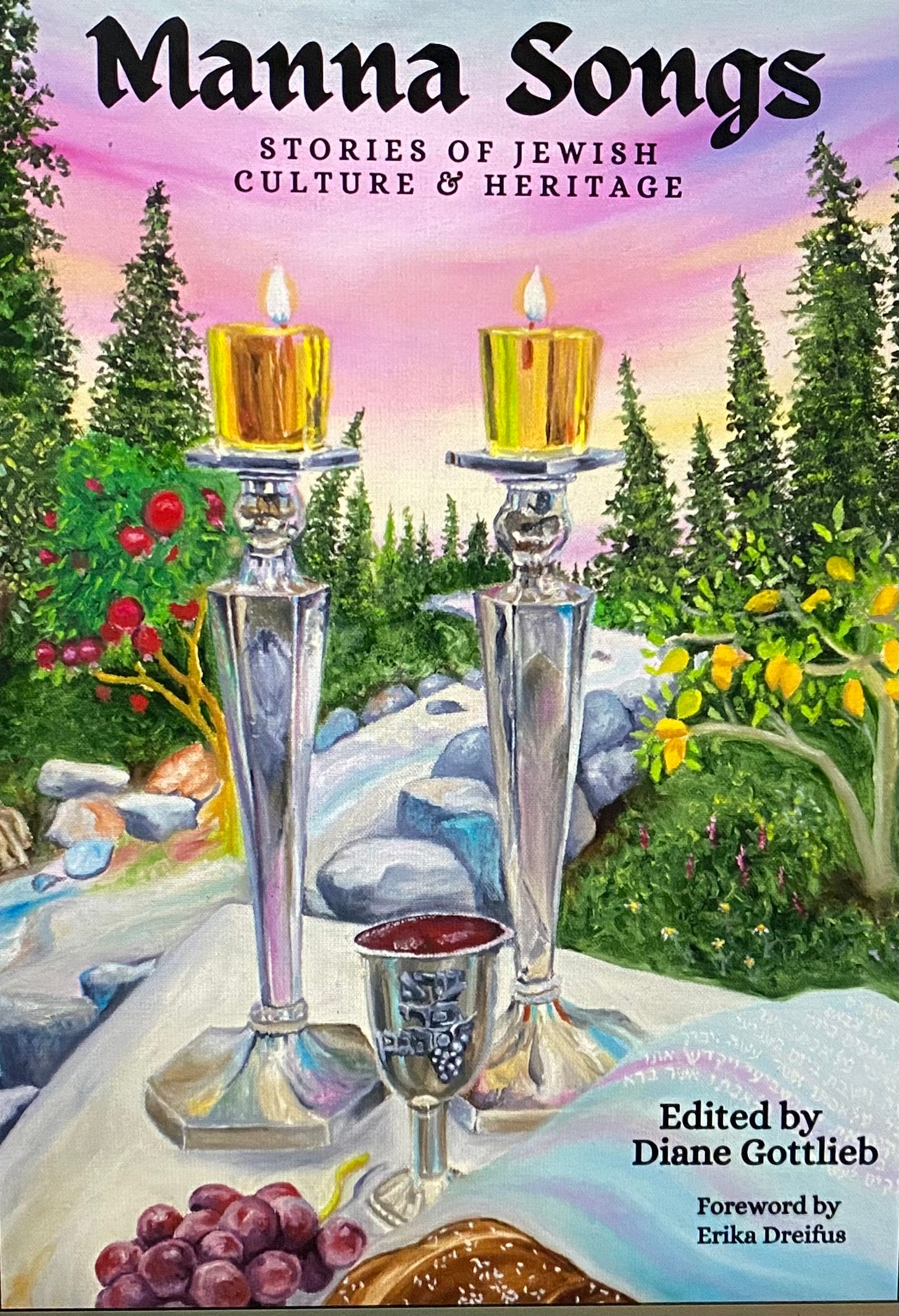 manna songs book cover with two shabbat candles in front of a flowered bath and sunset sky
