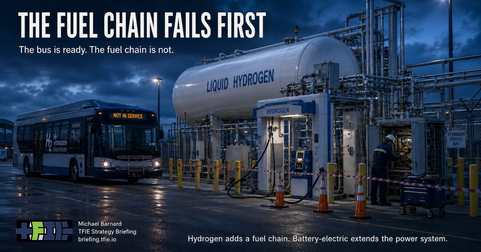 Hydrogen bus beside liquid-hydrogen fueling equipment, emphasizing the fleet’s dependence on its fuel chain. Hydrogen bus beside liquid-hydrogen fueling equipment, emphasizing the fleet’s dependence on its fuel chain.