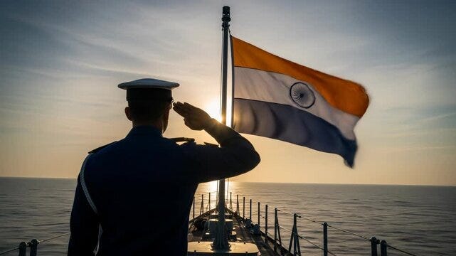 Silhouette of Indian Navy Officer Saluting the Flag on a Ship Deck at  Sunset, Commemorating Navy Day
