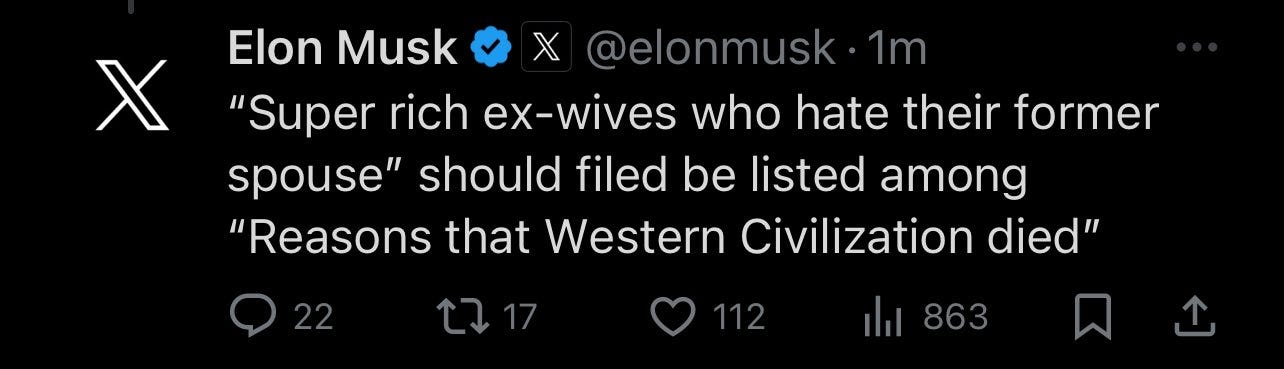 'Super rich ex-wives who hate their former spouse' should filed be listed among 'Reasons that Western Civilization died,' 'Super rich ex-wives who hate their former spouse' should filed be listed among 'Reasons that Western Civilization died,'
