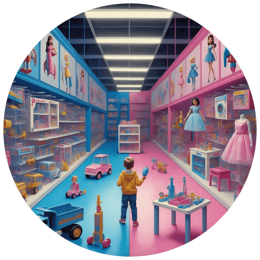 A large, brightly-lit toy store with two distinctly different sections on either side of a central aisle, half of the store is pink and half blue. One side pink for girls and stocked with gendered toys (dolls, kitchen play sets, dress up), the other side blue for boys and stocked with weapons and sports, science and vehicles. 
