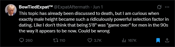 Tweet/X post asking when 5'8 height became game over for men