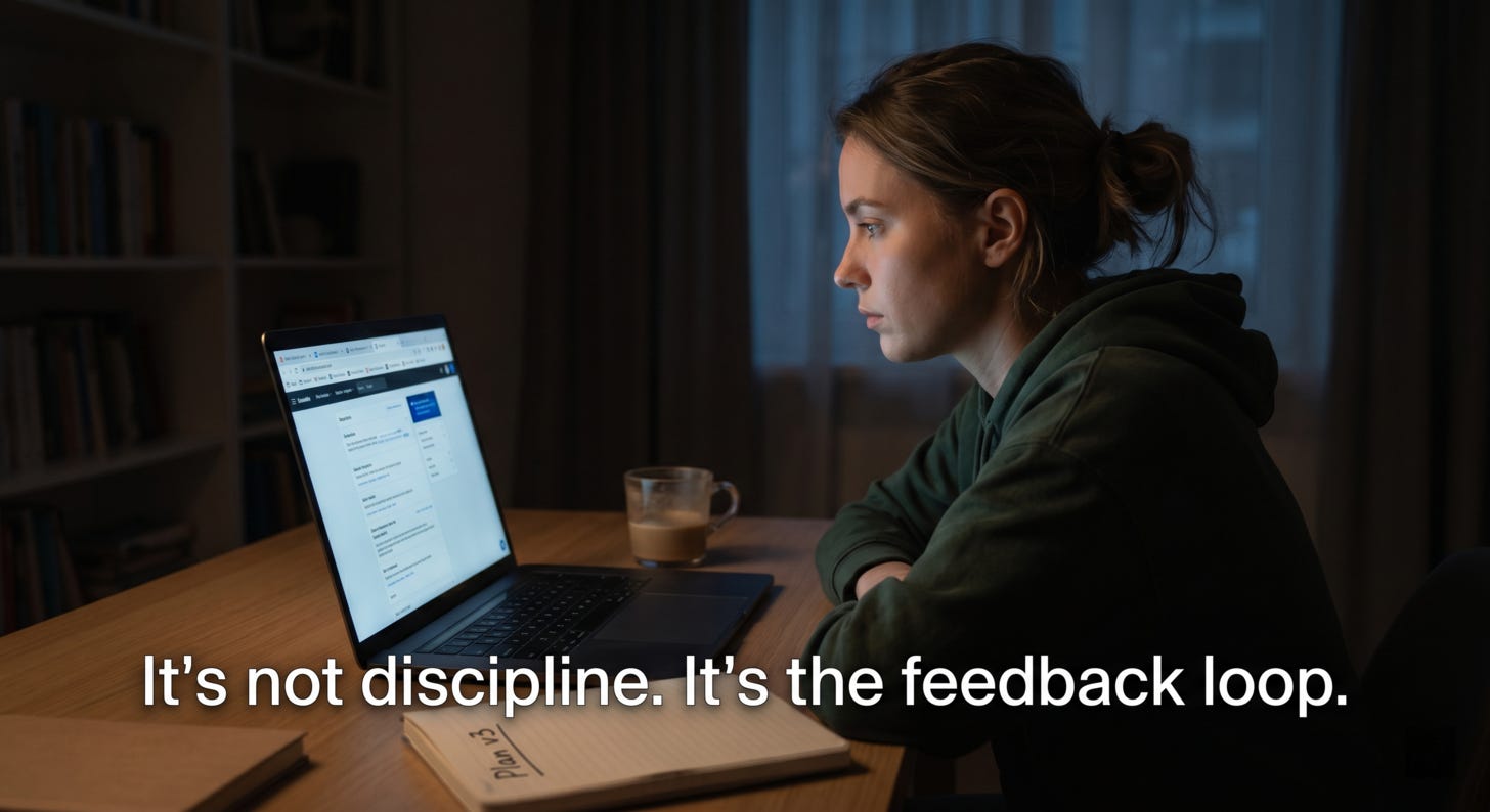 Person staring at laptop late at night with an open notebook titled Plan v3 and a cold coffee, representing the cycle of starting over. Person staring at laptop late at night with an open notebook titled Plan v3 and a cold coffee, representing the cycle of starting over.
