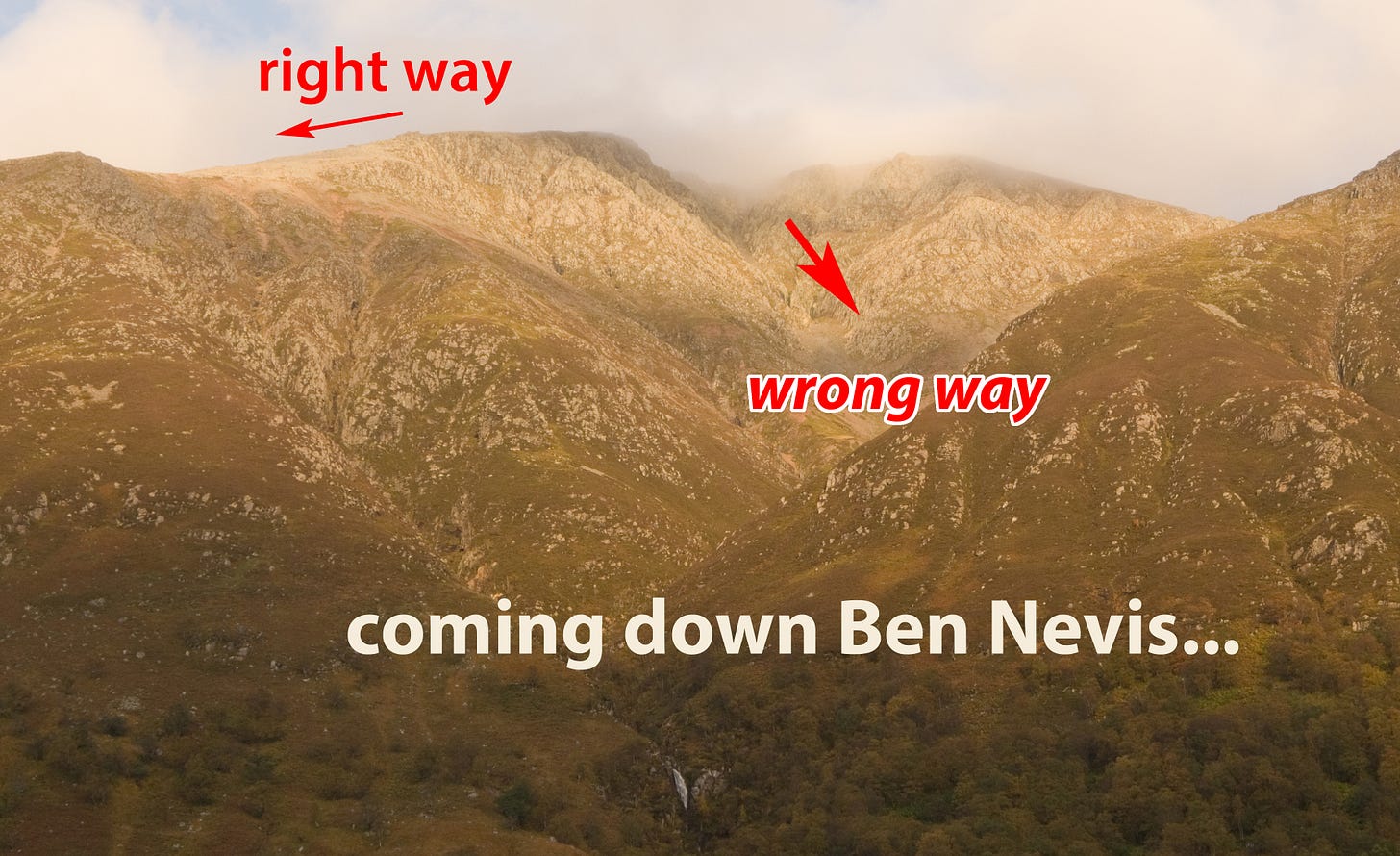marked up photo of routes down Ben Nevis