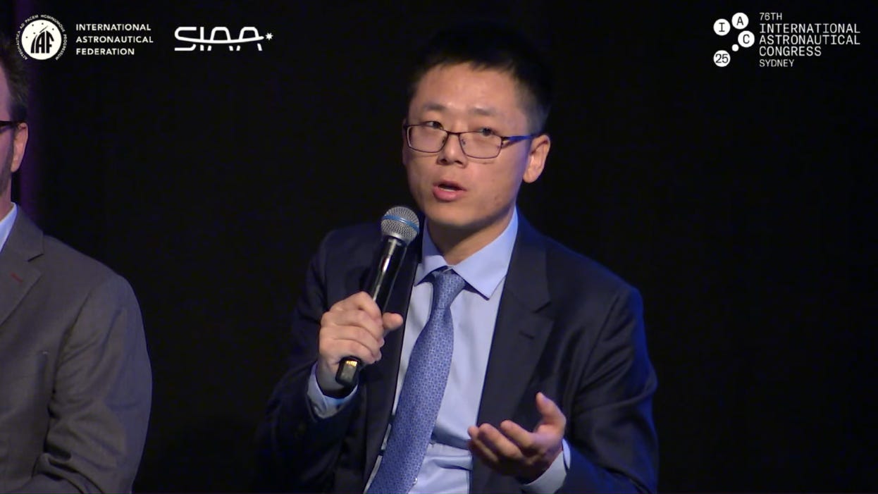GalaxySpace’s Zhang Peng speaks on a panel about space sustainability at the International Astronautical Congress in Sydney. GalaxySpace’s Zhang Peng speaks on a panel about space sustainability at the International Astronautical Congress in Sydney.