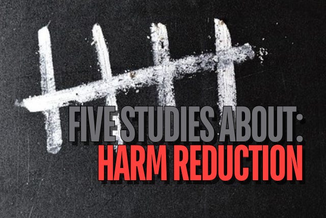 "Five Studies About: Harm Reduction" appears in the foreground. The background is a blackboard with five thick tally marks written in chalk. "Five Studies About: Harm Reduction" appears in the foreground. The background is a blackboard with five thick tally marks written in chalk.