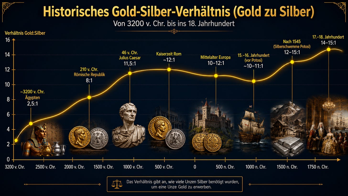 Historisches Gold-Silber-Verhältnis von 3200 v. Chr. bis ins 18. Jahrhundert — die Quote bleibt über mehr als 5000 Jahre in einem engen Band zwischen 2,5 und 15 : 1. Eigene Visualisierung.