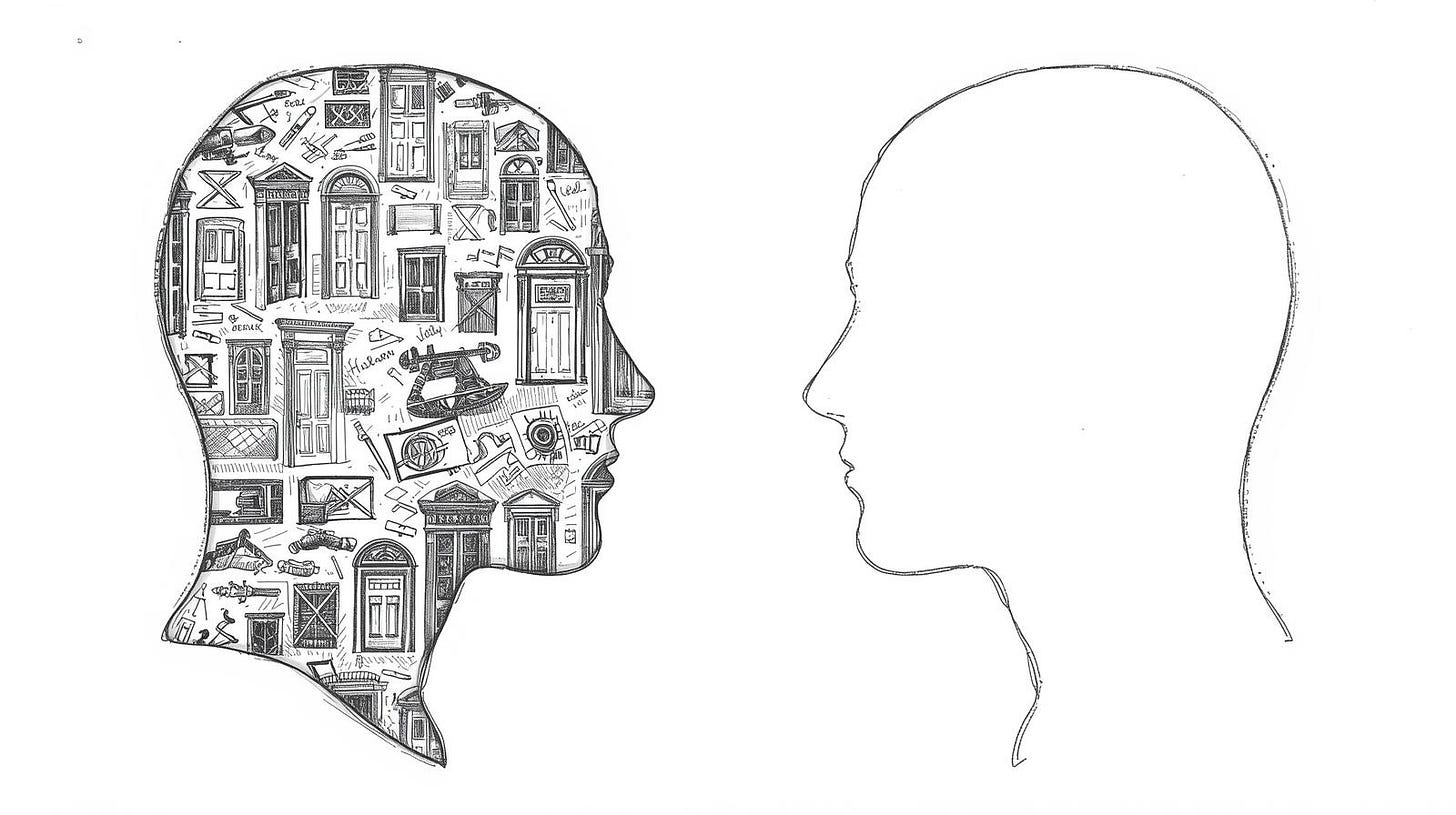 Two head silhouettes, one filled with loss imagery, the other completely empty