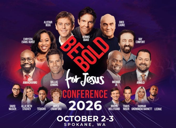 Purple background with red accents displays headshots of speakers including Al Bedros Crystal Hurst Greg Laurie Duane Gundry Ray Comfort and others arranged in a circle around central bold red text Be Bold for Jesus Conference 2026 with event dates October 2-3 and location Spokane WA. Purple background with red accents displays headshots of speakers including Al Bedros Crystal Hurst Greg Laurie Duane Gundry Ray Comfort and others arranged in a circle around central bold red text Be Bold for Jesus Conference 2026 with event dates October 2-3 and location Spokane WA.